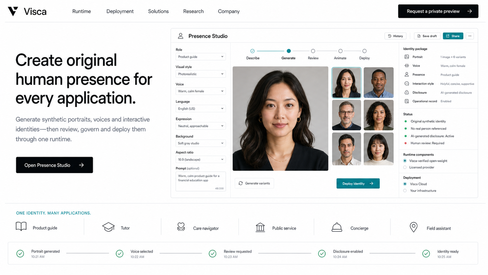 Presence Studio for original synthetic portraits, voices, and interactive identities