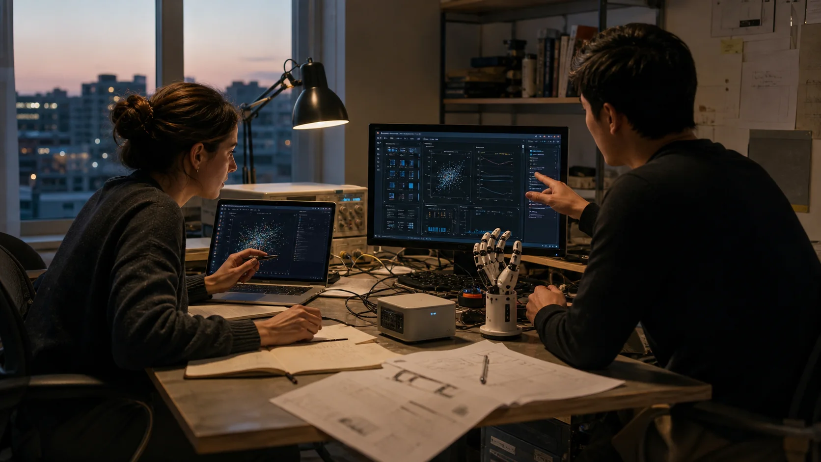 Two researchers comparing an agent across computers, an edge device, and a robotic hand prototype