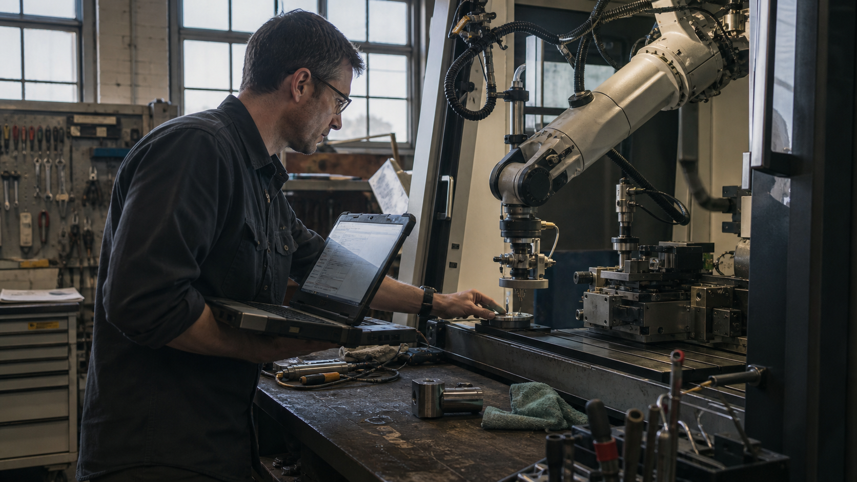 An engineer working beside a physical machine