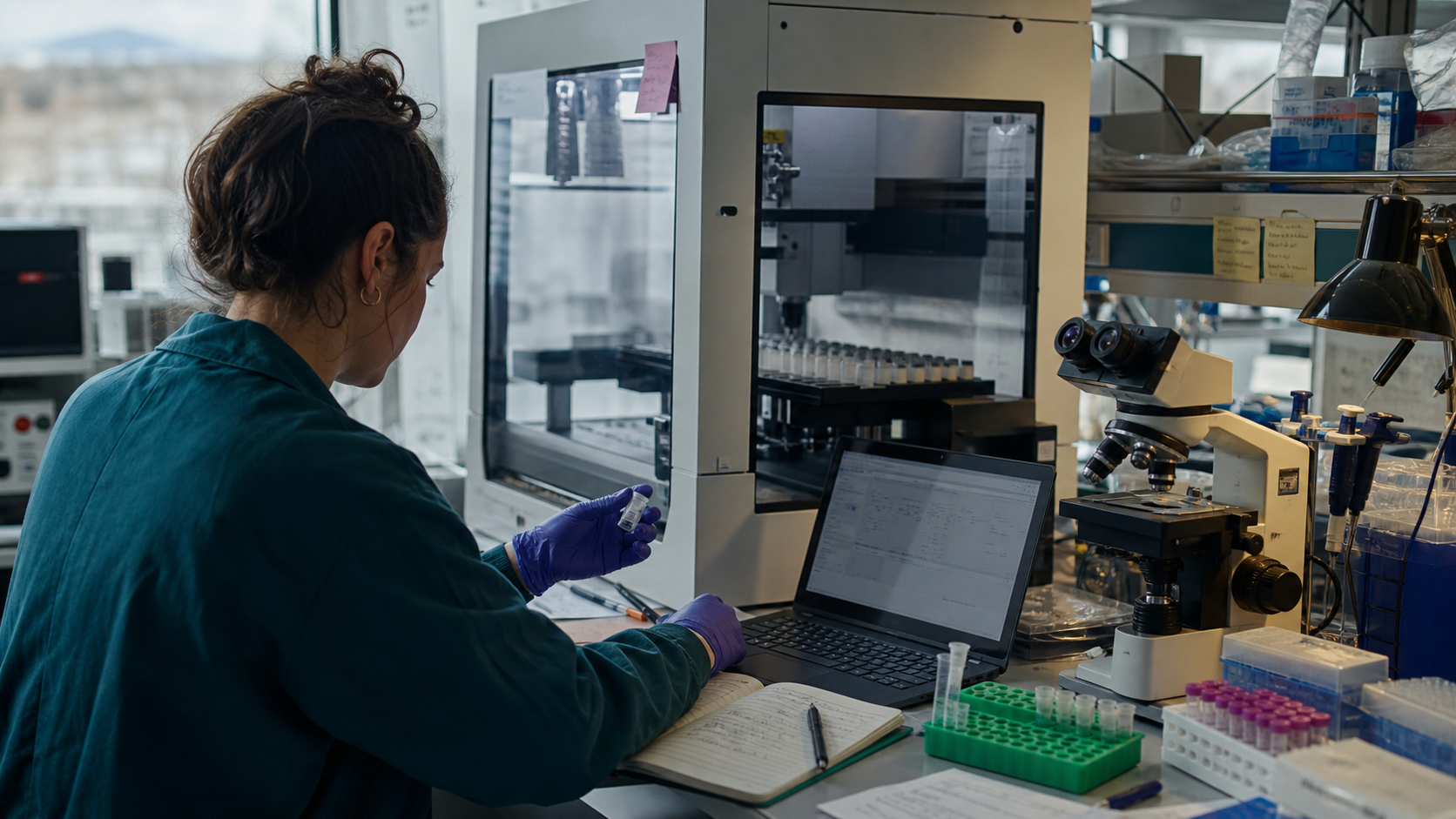 A person working with instruments at a laboratory bench